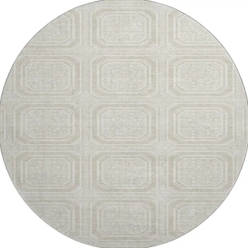 8' X 8' Beige Ivory And Taupe Geometric Washable Round Rug With UV Protection Photo 3