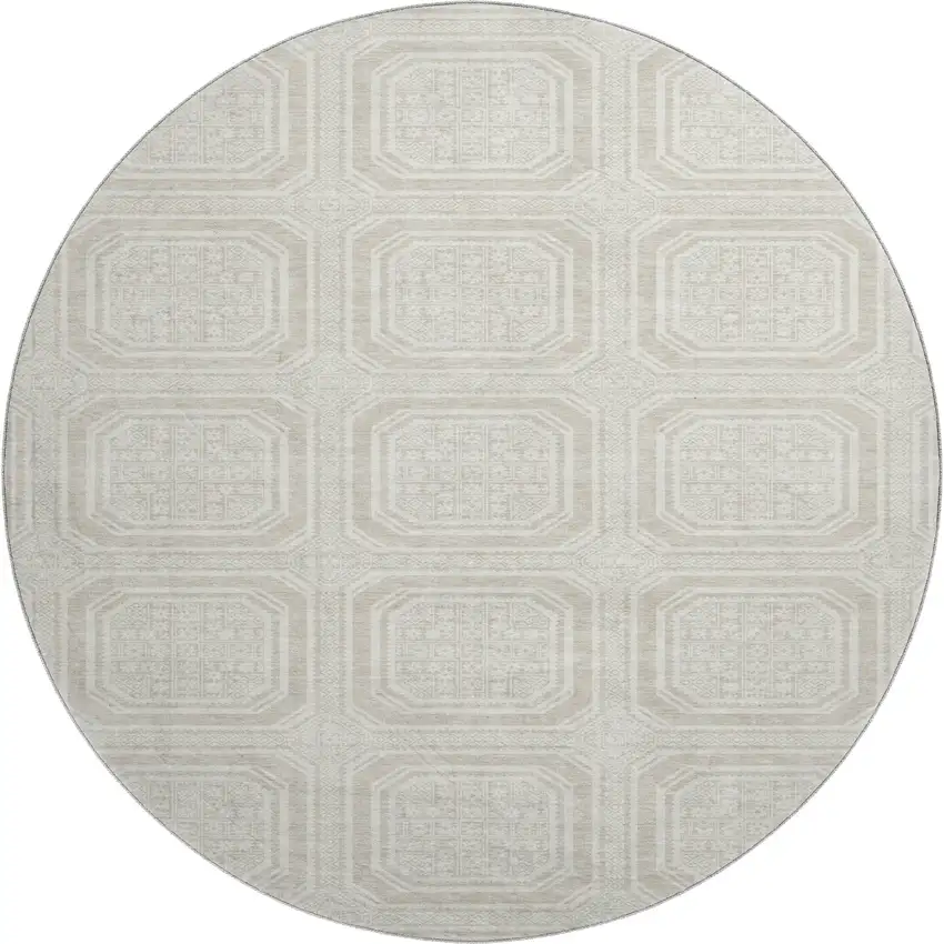 8' X 8' Beige Ivory And Taupe Geometric Washable Round Rug With UV Protection Photo 1