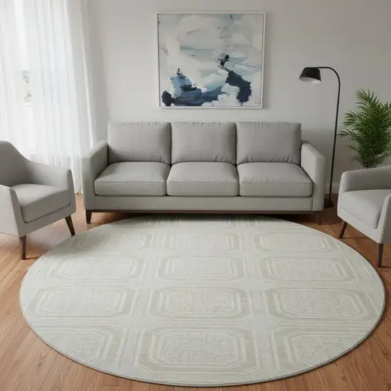 8' X 8' Beige Ivory And Taupe Geometric Washable Round Rug With UV Protection Photo 2