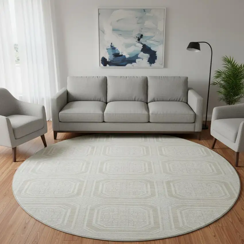 8' X 8' Beige Ivory And Taupe Geometric Washable Round Rug With UV Protection Photo 2