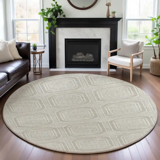 8' X 8' Beige Ivory And Taupe Geometric Washable Round Rug With UV Protection Photo 4