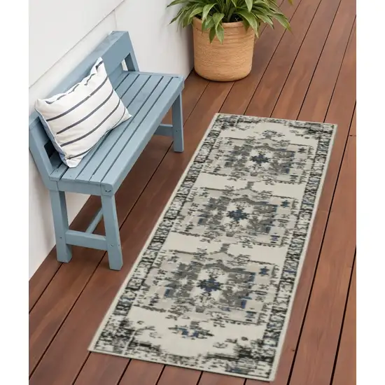 Blue and Beige Oriental Stain Resistant Indoor Outdoor Area Rug Photo 1