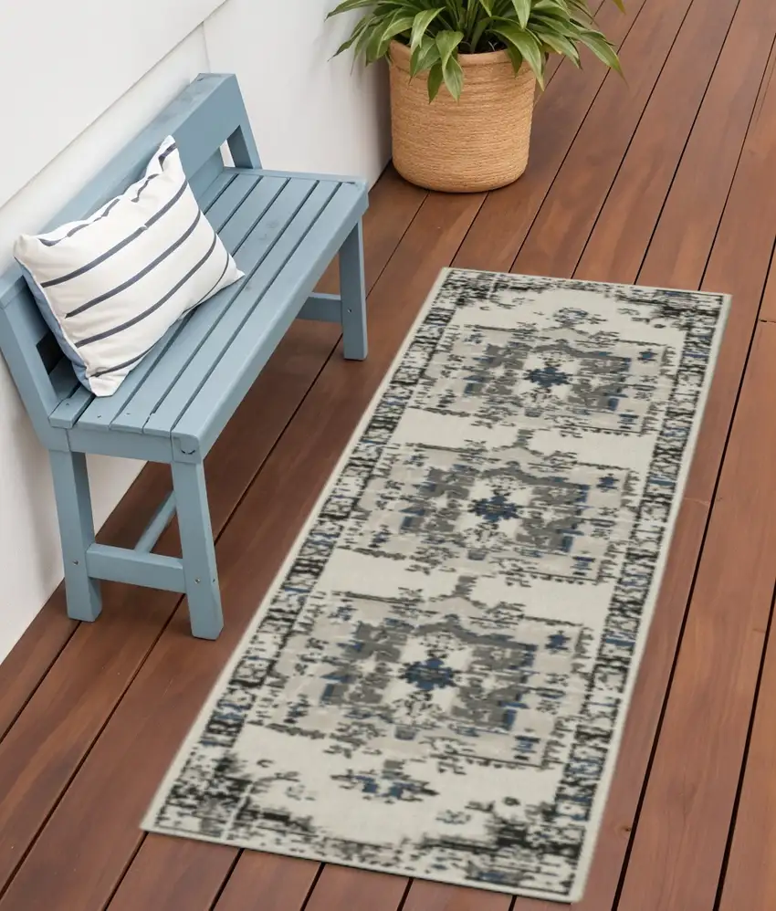 Blue and Beige Oriental Stain Resistant Indoor Outdoor Area Rug Photo 1