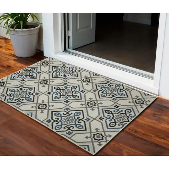 Blue and Beige Oriental Stain Resistant Indoor Outdoor Area Rug Photo 1