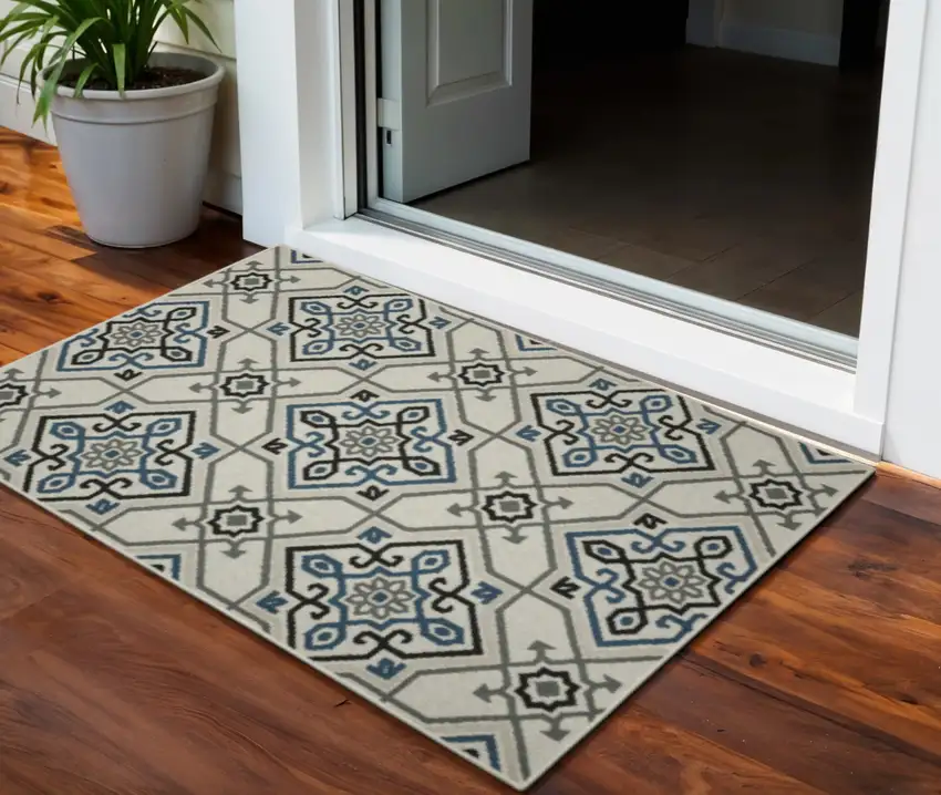 Blue and Beige Oriental Stain Resistant Indoor Outdoor Area Rug Photo 1