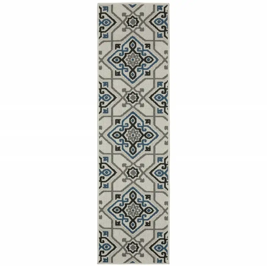 2' X 7' Beige Oriental Stain Resistant Indoor Outdoor Area Rug Photo 1