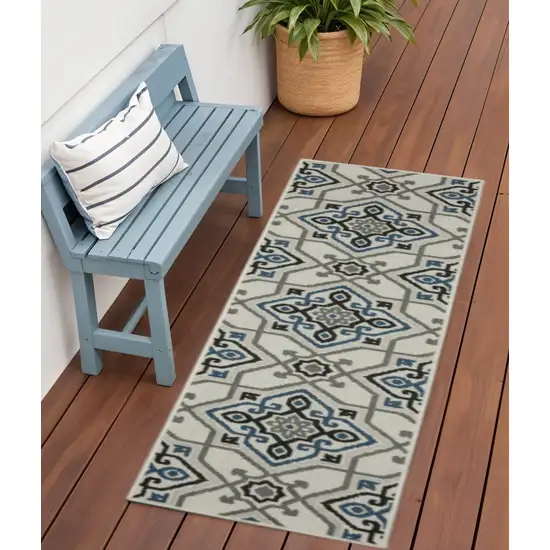 Blue and Beige Oriental Stain Resistant Indoor Outdoor Area Rug Photo 1