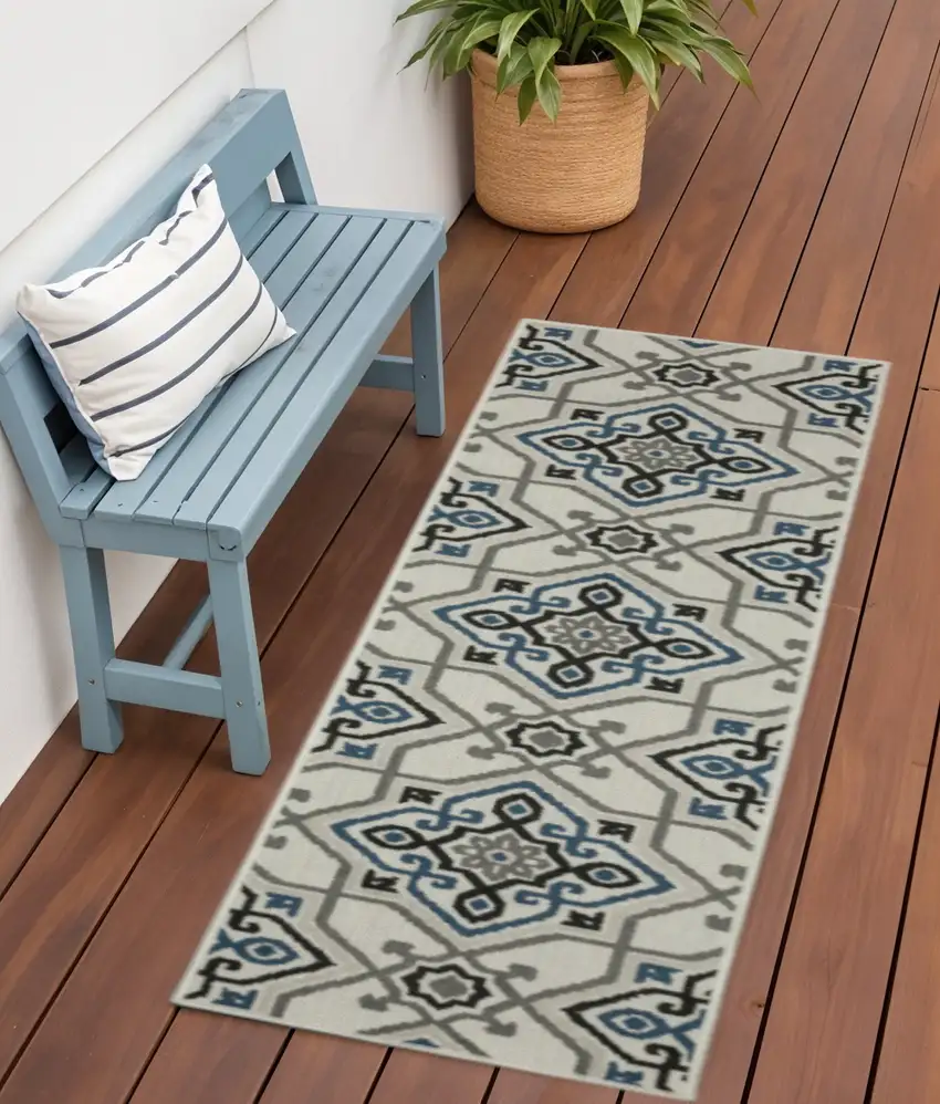 Blue and Beige Oriental Stain Resistant Indoor Outdoor Area Rug Photo 1