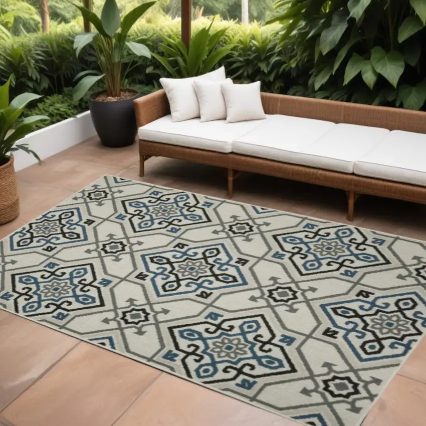 Blue and Beige Oriental Stain Resistant Indoor Outdoor Area Rug Photo 1