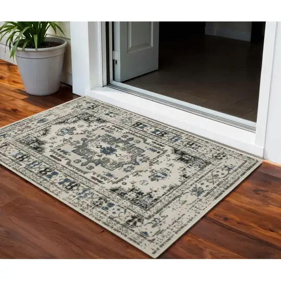 Blue and Beige Oriental Stain Resistant Indoor Outdoor Area Rug Photo 1