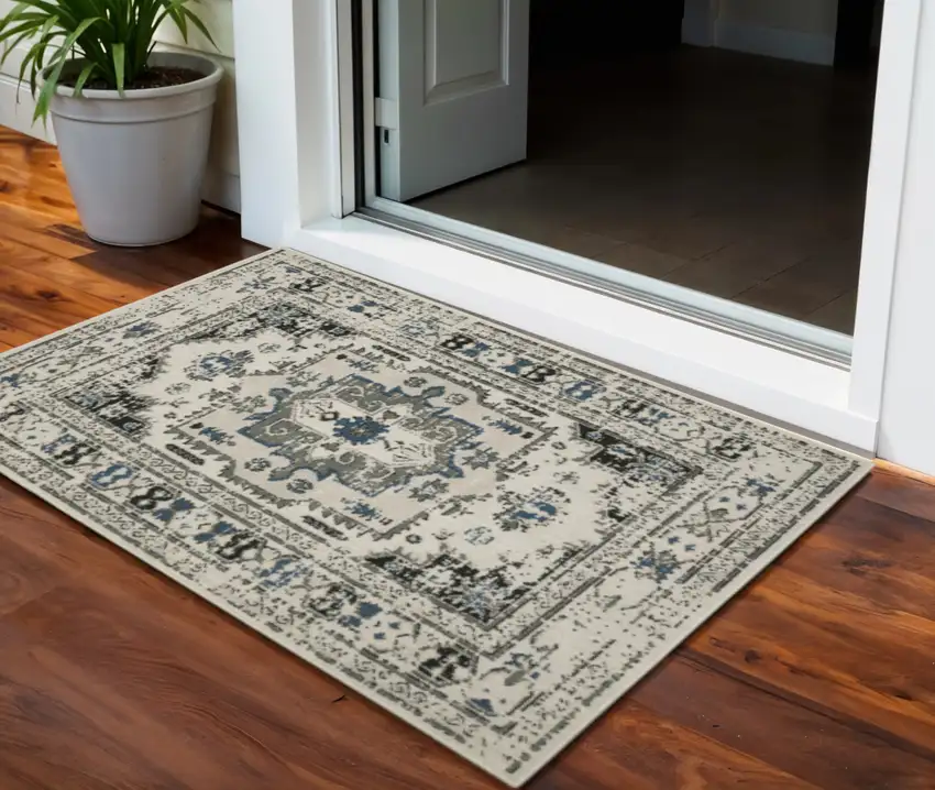 Blue and Beige Oriental Stain Resistant Indoor Outdoor Area Rug Photo 1