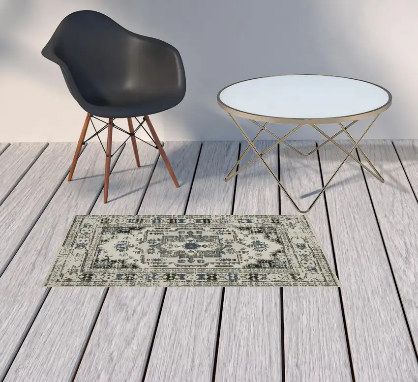 2' X 3' Beige Oriental Stain Resistant Indoor Outdoor Area Rug Photo 2
