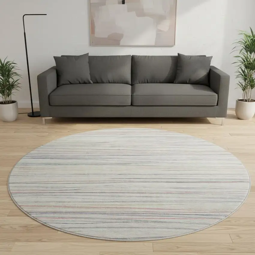 8' X 8' Beige Pink And Purple Striped Washable Round Rug With UV Protection Photo 2