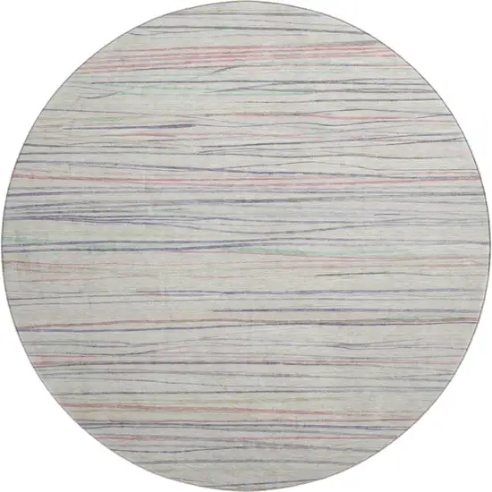8' X 8' Beige Pink And Purple Striped Washable Round Rug With UV Protection Photo 1