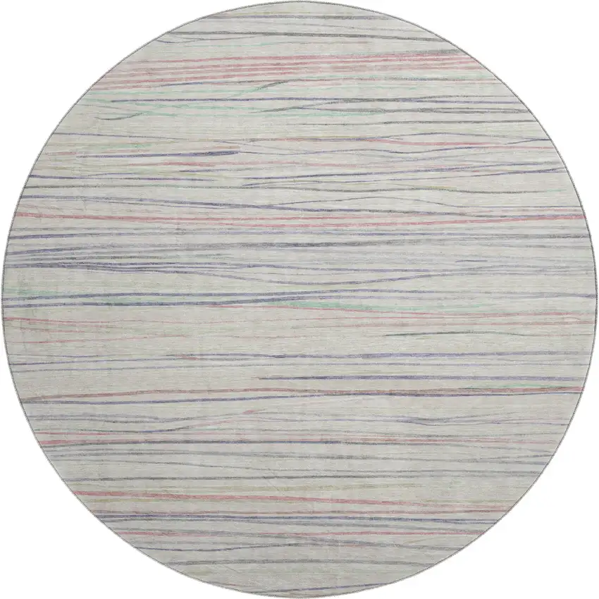 8' X 8' Beige Pink And Purple Striped Washable Round Rug With UV Protection Photo 1