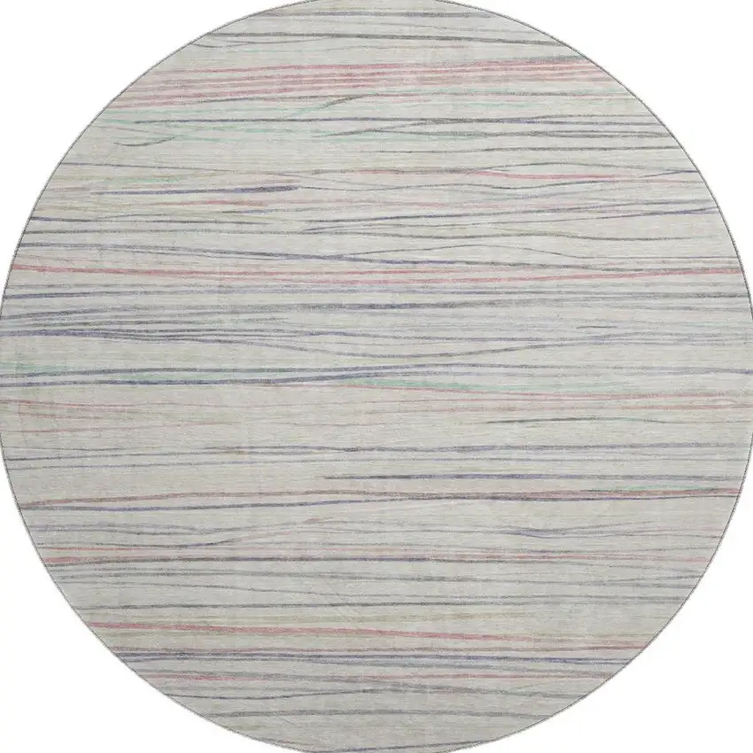 8' X 8' Beige Pink And Purple Striped Washable Round Rug With UV Protection Photo 2