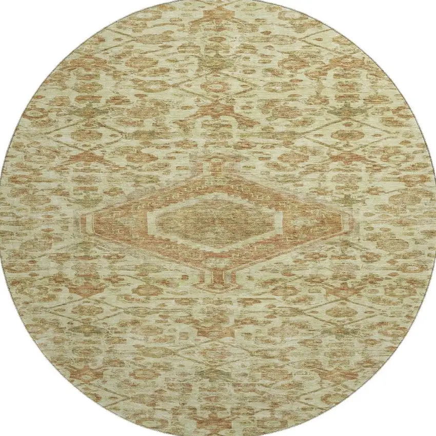 8' X 8' Beige Rust And Artichoke Green Floral Washable Round Rug With UV Protection Photo 2