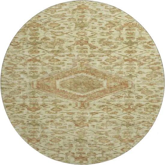 8' X 8' Beige Rust And Artichoke Green Floral Washable Round Rug With UV Protection Photo 1