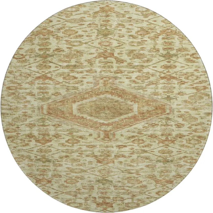 8' X 8' Beige Rust And Artichoke Green Floral Washable Round Rug With UV Protection Photo 1