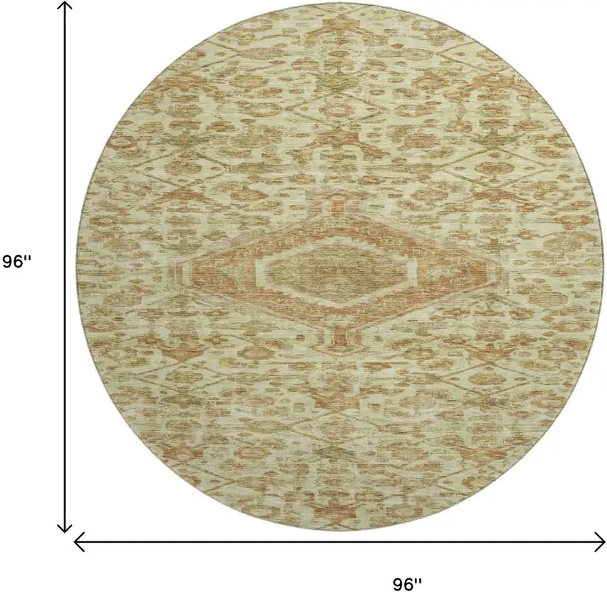 8' X 8' Beige Rust And Artichoke Green Floral Washable Round Rug With UV Protection Photo 8