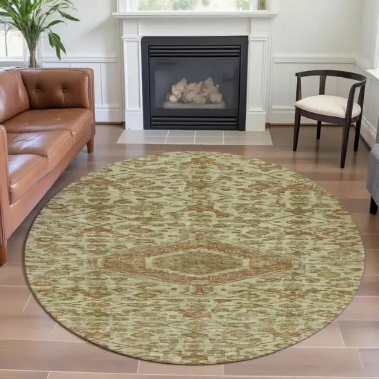 8' X 8' Beige Rust And Artichoke Green Floral Washable Round Rug With UV Protection Photo 4