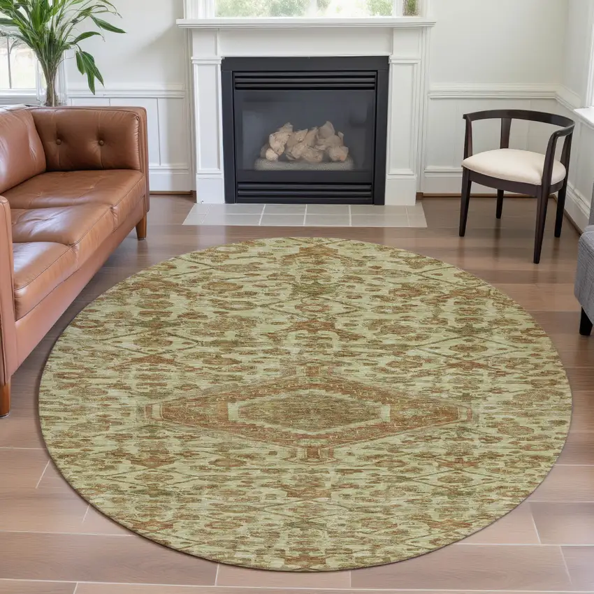 8' X 8' Beige Rust And Artichoke Green Floral Washable Round Rug With UV Protection Photo 4