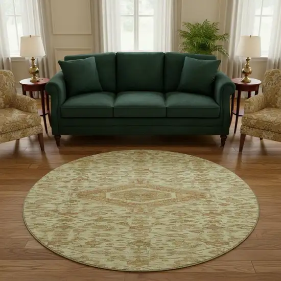 8' X 8' Beige Rust And Artichoke Green Floral Washable Round Rug With UV Protection Photo 2