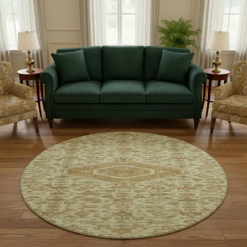 8' X 8' Beige Rust And Artichoke Green Floral Washable Round Rug With UV Protection Photo 2
