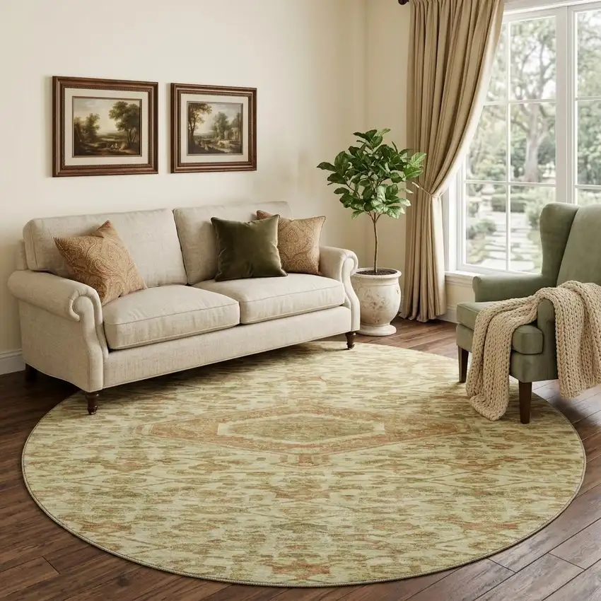 8' X 8' Beige Rust And Artichoke Green Floral Washable Round Rug With UV Protection Photo 1