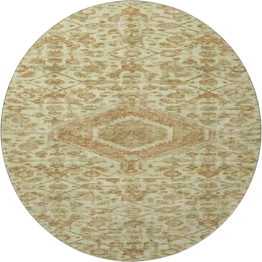 8' X 8' Beige Rust And Artichoke Green Floral Washable Round Rug With UV Protection Photo 3