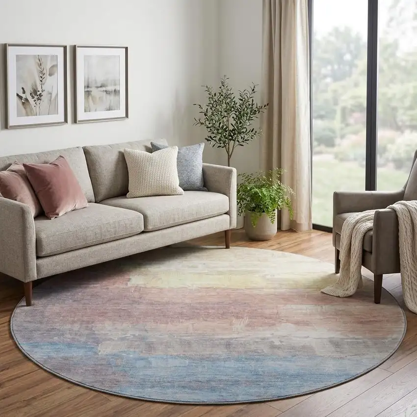 8' X 8' Beige Salmon And Blue Abstract Washable Round Rug With UV Protection Photo 1