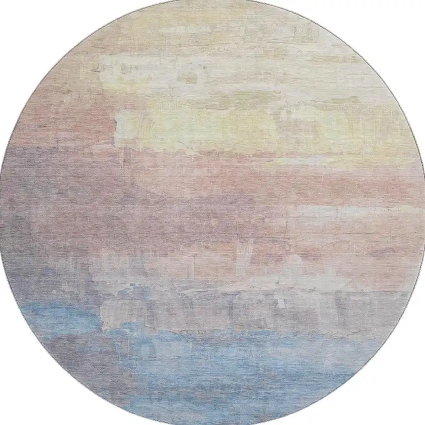 8' X 8' Beige Salmon And Blue Abstract Washable Round Rug With UV Protection Photo 3