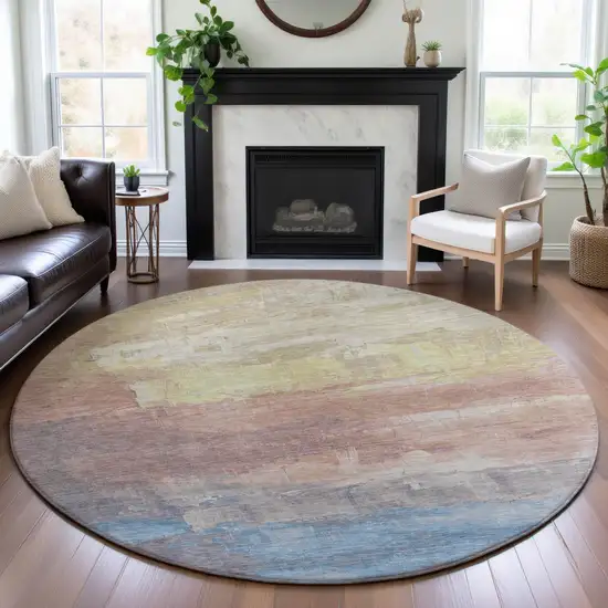 8' X 8' Beige Salmon And Blue Abstract Washable Round Rug With UV Protection Photo 4