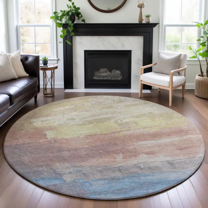 8' X 8' Beige Salmon And Blue Abstract Washable Round Rug With UV Protection Photo 4
