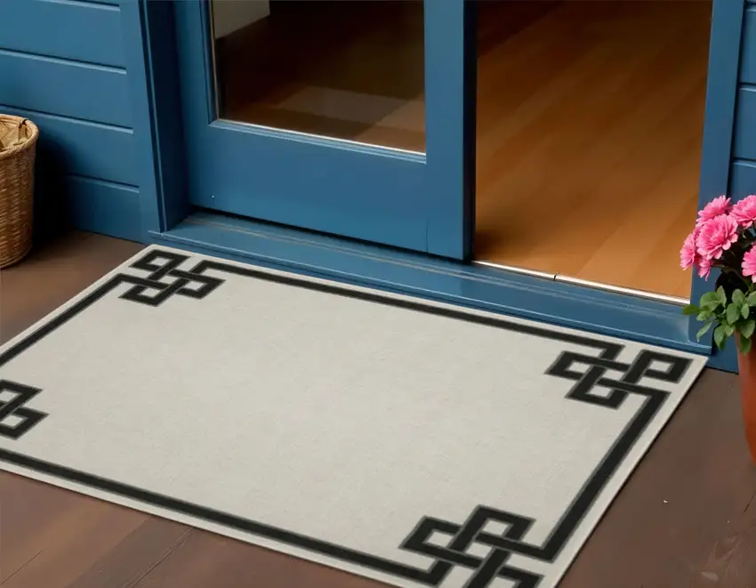 Beige and Black Stain Resistant Indoor Outdoor Area Rug Photo 1