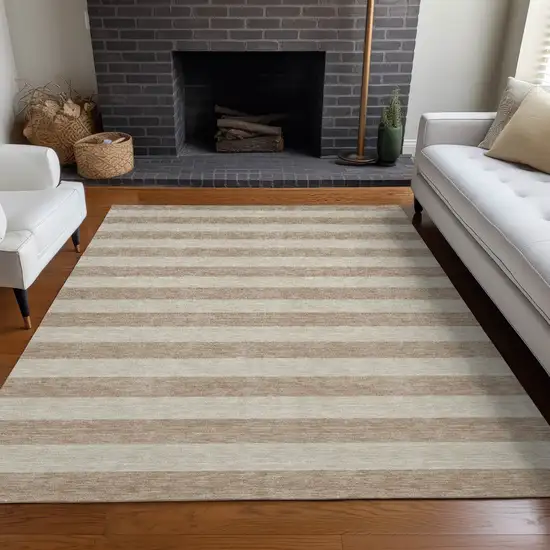 Beige Striped Washable Non Skid Indoor Outdoor Area Rug Photo 8