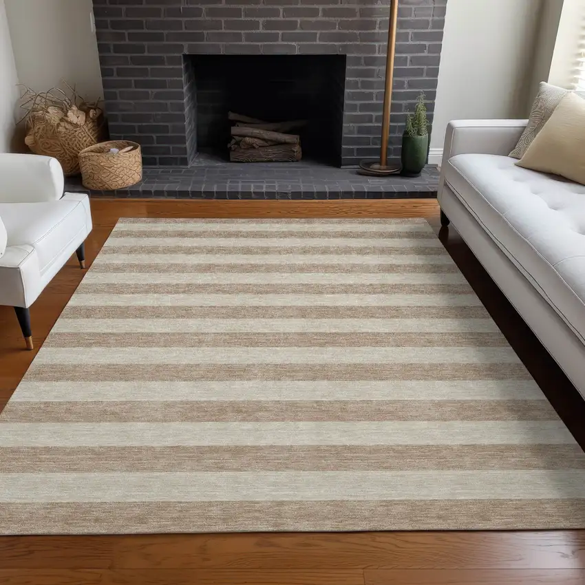 Beige Striped Washable Non Skid Indoor Outdoor Area Rug Photo 8