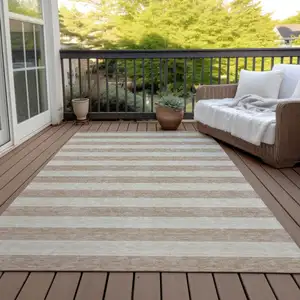 Photo of 3' X 5' Beige Striped Washable Non Skid Indoor Outdoor Area Rug