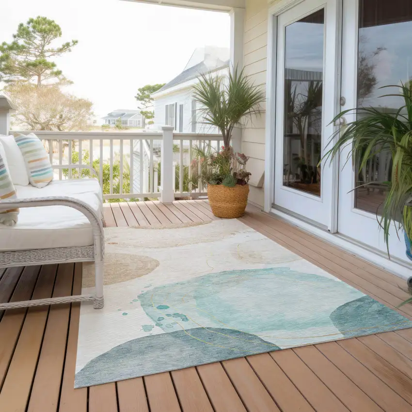 Beige and Blue Abstract Washable Non Skid Indoor Outdoor Area Rug Photo 8