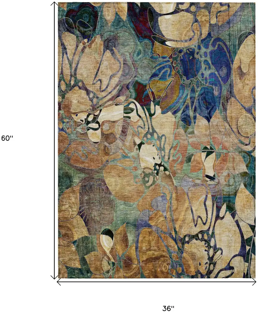 Beige and Blue Abstract Washable Indoor Outdoor Area Rug Photo 3