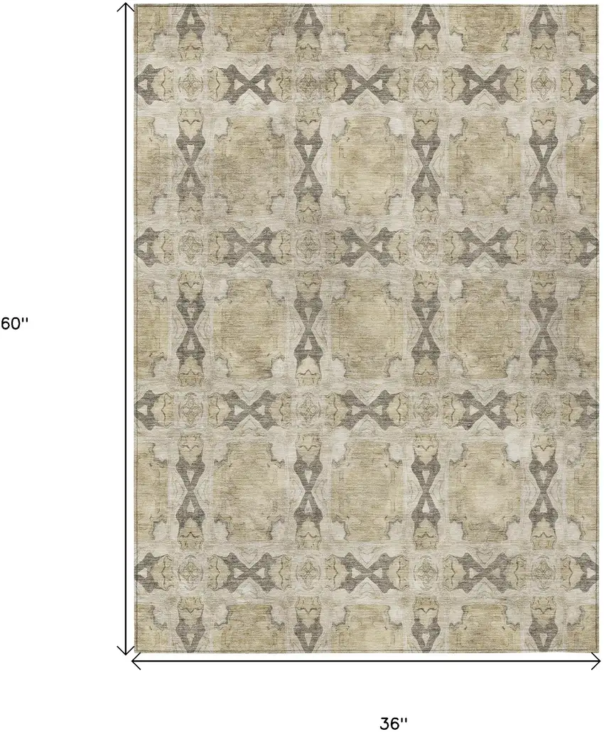 3' X 5' Beige and Gray Floral Medallion Washable Non Skid Indoor Outdoor Area Rug Photo 3