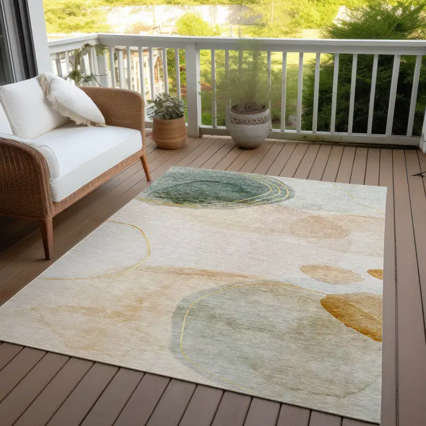 3' X 4' Beige and Green Abstract Washable Non Skid Indoor Outdoor Area Rug Photo 8
