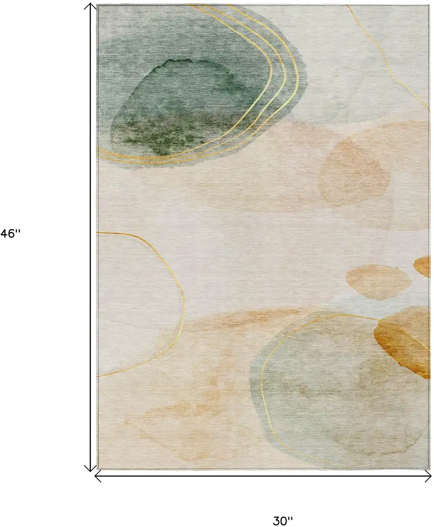 Beige and Green Abstract Washable Non Skid Indoor Outdoor Area Rug Photo 3