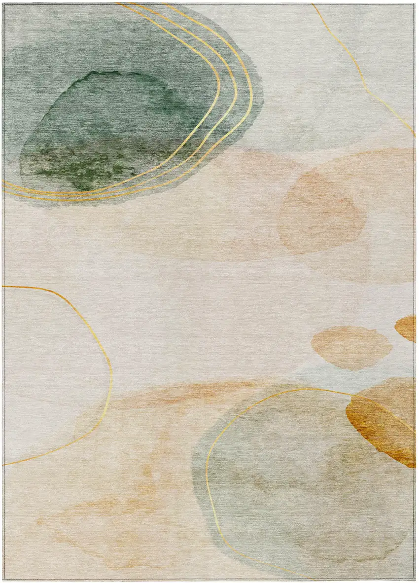 Beige and Green Abstract Washable Non Skid Indoor Outdoor Area Rug Photo 2