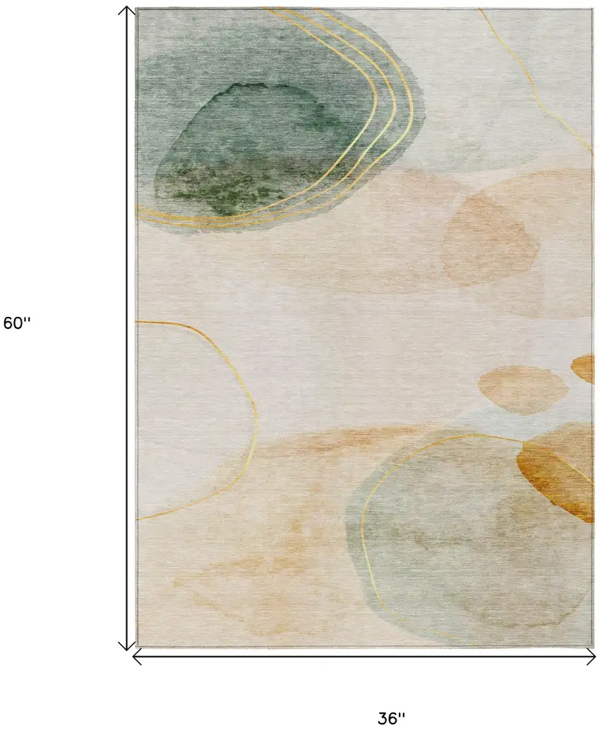Beige and Green Abstract Washable Non Skid Indoor Outdoor Area Rug Photo 3