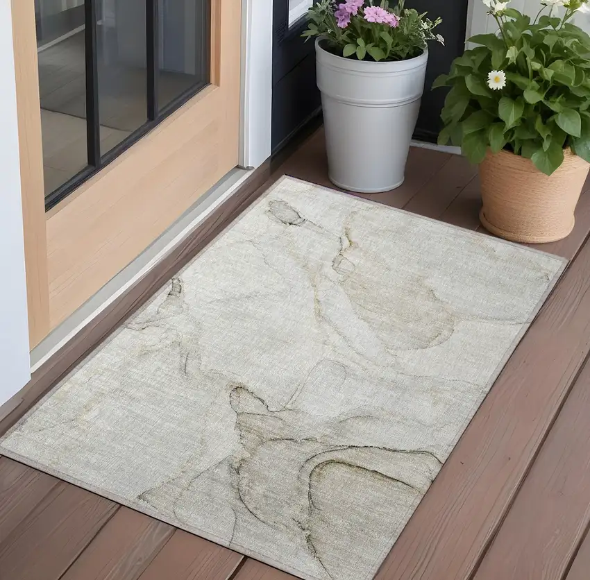 Beige and Ivory Abstract Washable Indoor Outdoor Area Rug Photo 1