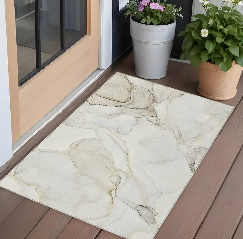 Beige and Ivory Abstract Washable Non Skid Indoor Outdoor Area Rug Photo 1