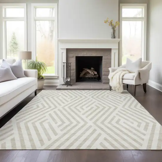 Beige And Ivory Geometric Washable Indoor Outdoor Area Rug Photo 9