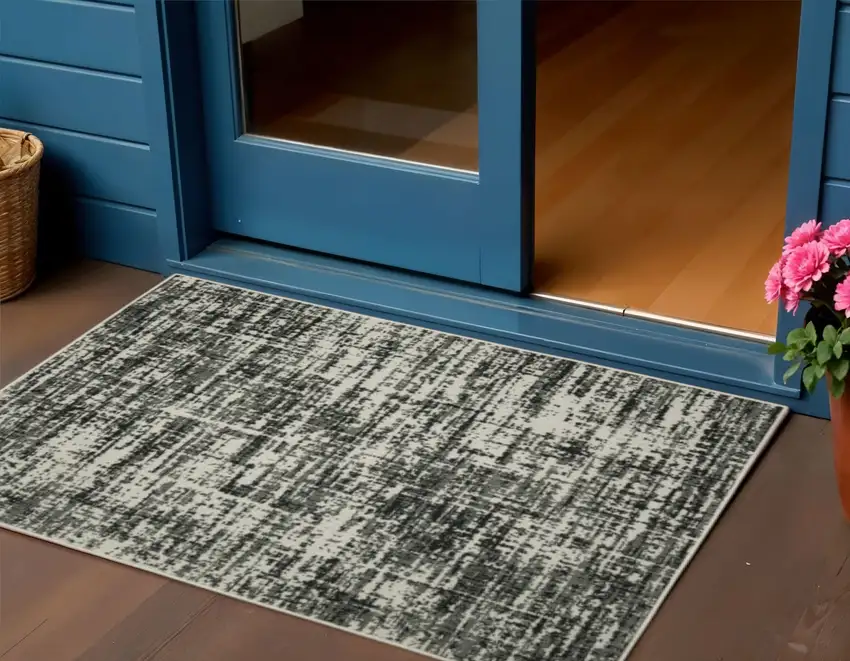 Beige and Black Abstract Stain Resistant Indoor Outdoor Area Rug Photo 1