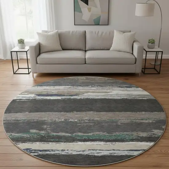 8' X 8' Black Beige And Blue Abstract Washable Round Rug With UV Protection Photo 2